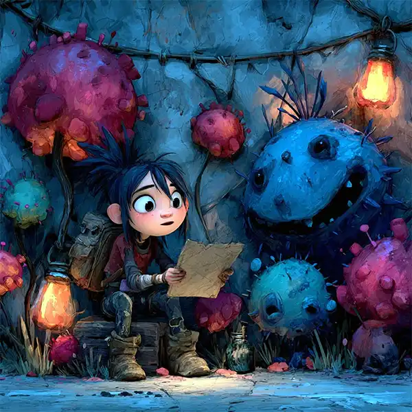 A cartoon girl with a backpack reads a map beside a friendly blue monster and colorful, spiky plants. Warm lanterns light the rocky, whimsical setting, creating an adventurous, magical atmosphere.