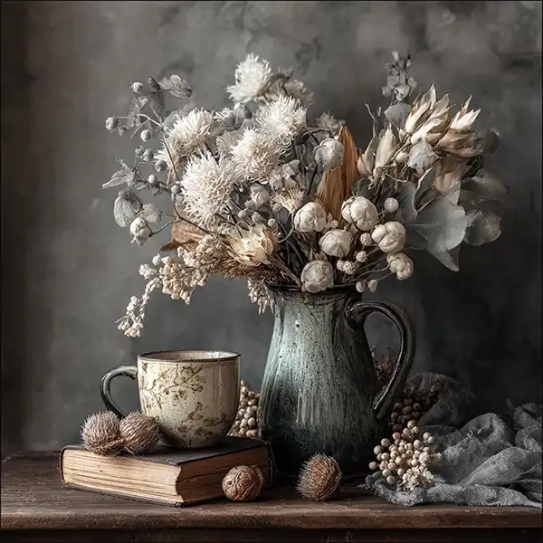 A rustic still life features a ceramic jug of dried flowers, a vintage teacup on an old book, and scattered dried seed pods on a wooden surface against a muted, textured background.