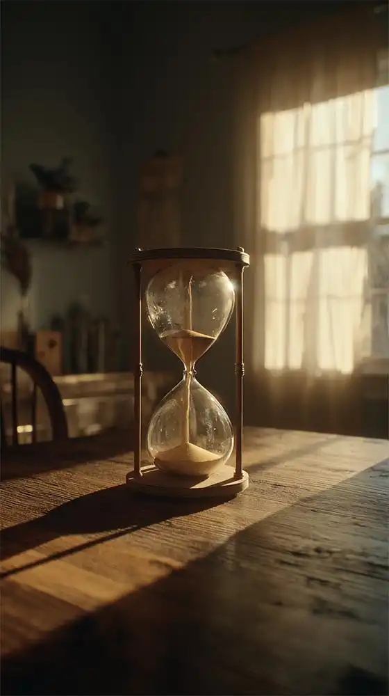 An hourglass with sand partly fallen sits on a wooden table in a sunlit room, casting a long shadow. Sunlight streams through a sheer curtain, creating a warm and tranquil atmosphere.