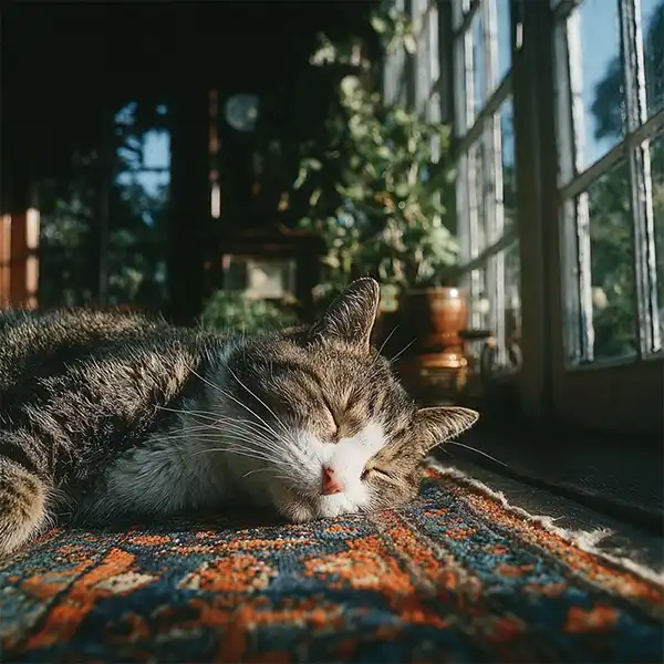 A tabby cat sleeps peacefully on a colorful patterned rug in a sunlit room beside large windows with plants visible in the background.