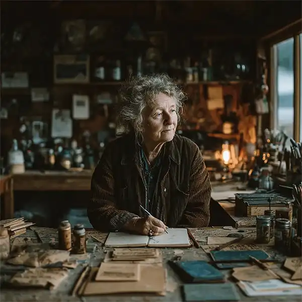image-story-starters101 An elderly woman with curly gray hair sits at a cluttered wooden desk, jotting down sci-fi emissary story ideas, surrounded by books, envelopes, and jars in a cozy, rustic room filled with warm light.