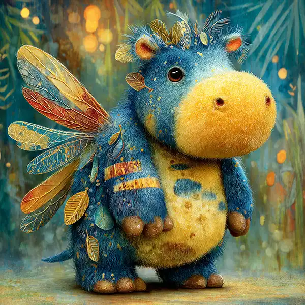 A cute, plush, blue and yellow fantasy creature with a hippo-like face, insect wings, and leaf decorations stands in a magical, glowing forest—perfect inspiration for sci-fi emissary story ideas.