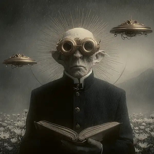 An elderly sci-fi emissary with large goggles, elongated ears, and a stern expression stands in a field of flowers, holding an open book. Two metallic, flying saucers hover behind as radiant lines form a halo effect—perfect for story ideas.