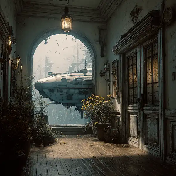 A futuristic spaceship hovers outside the archway of an old, weathered corridor with wooden floors, ornate doors, potted plants, and hanging lanterns—perfect inspiration for sci-fi emissary story ideas that blend vintage charm with advanced technology.