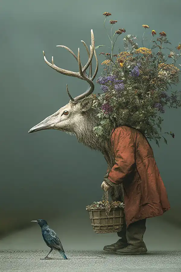 A surreal scene of a sci-fi emissary with a deer’s head in a red coat, holding a basket of flowers, wildflowers sprouting from its back. A black bird stands before them against a muted backdrop—perfect inspiration for story ideas.