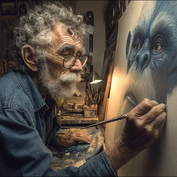 An elderly man with curly gray hair and glasses paints a detailed, realistic portrait of a blue-faced monkey—his muse for new sci-fi emissary story ideas—in a warmly lit art studio.