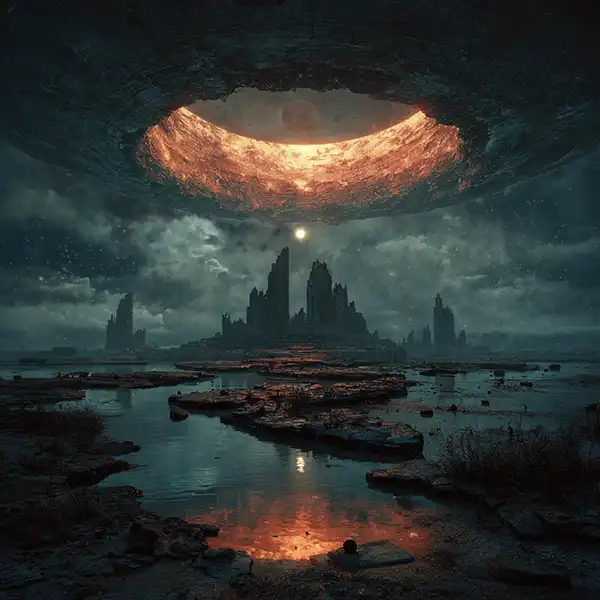 A dark, surreal landscape with jagged ruins and water, illuminated by a massive, glowing circular opening in the sky, casting an orange light—perfect for sci-fi emissary story ideas. Clouds and mist deepen the mysterious, otherworldly atmosphere.