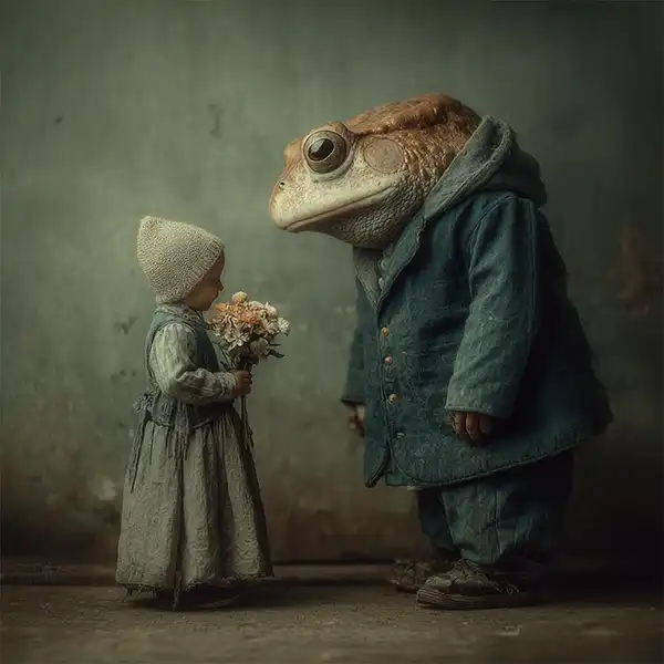 A little girl in vintage clothes and a knit hat holds a bouquet of flowers, facing a giant toad wearing a blue coat and pants in a dimly lit, rustic room.