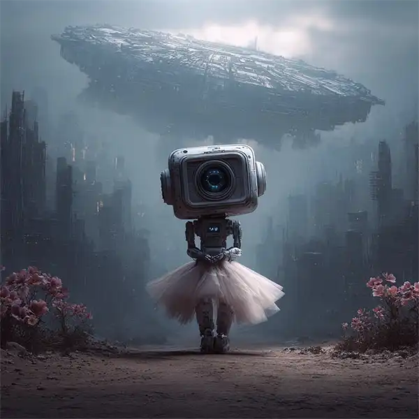 A robot with a camera for a head, dressed in a pink tutu, stands amid flowers in a misty, futuristic landscape—an ideal sci-fi emissary for unique story ideas as a spaceship hovers above towering city buildings.