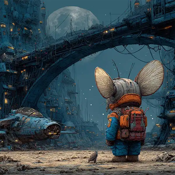 A small character with large mouse-like ears and a red backpack stands facing a futuristic, dystopian cityscape—spaceships soar above tall buildings beneath a full moon. At its feet, a bird hints at unique sci fi story perspectives.