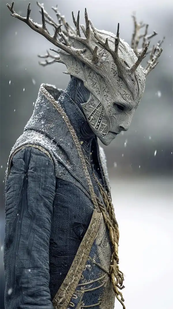 A humanoid figure with pale, textured skin and large antler-like horns on its head wears a detailed, dark robe. Snow falls around the figure, who looks down with a somber expression.