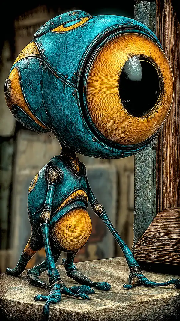 A small, blue, robot-like creature with a large yellow eye and thin metal limbs stands on a stone surface, looking curious—a perfect subject for Visual Narrative Training for Writers. Its body appears worn and patched.