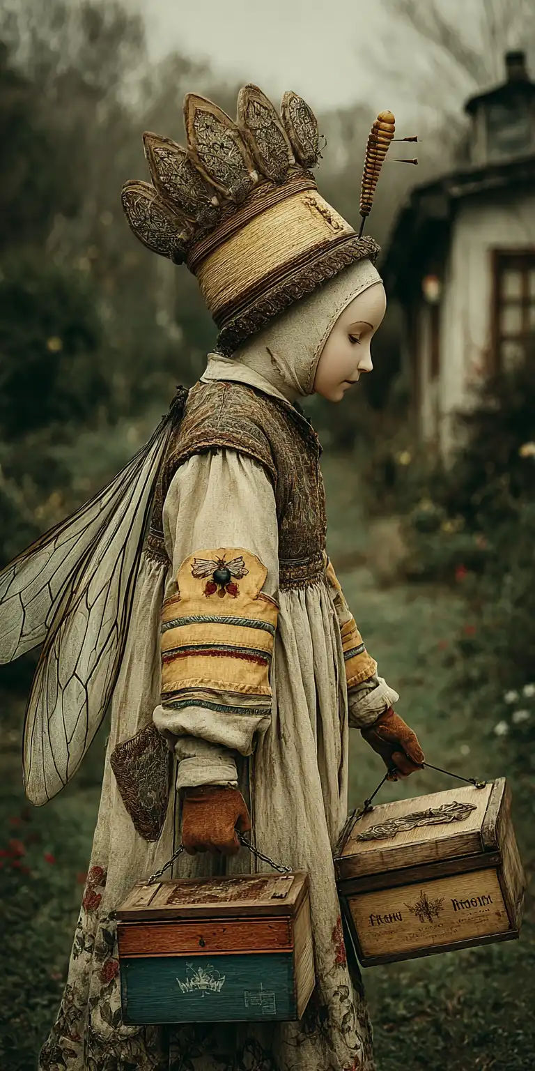 A child dressed in an elaborate, vintage-style bee costume carries two wooden boxes—an enchanting scene that could be one of the Top 3 Narrative Prompts for Surreal Character inspiration, set against a floral garden and rustic house in muted tones.
