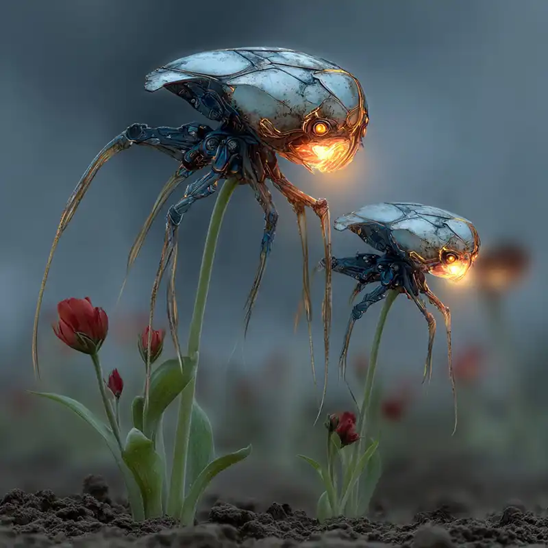 Two metallic, insect-like robots with glowing orange eyes hover above red flowers in a misty, otherworldly landscape—perfect for sparking story ideas from images with their blend of mechanical and organic features and sci-fi atmosphere.
