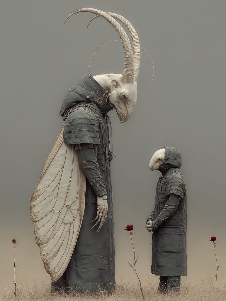 Two figures in long coats face each other on a barren field—a tall one with a goat skull head, wings, and claws, the other with a bird skull. Three red flowers grow between them, sparking story ideas from images like this striking scene.