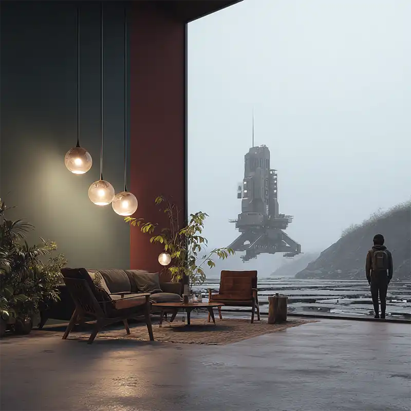 A modern living room with hanging lights and plants opens to a misty landscape, where a person stands near a futuristic structure resembling a space launch pad—inspiring unique story ideas from images like this.