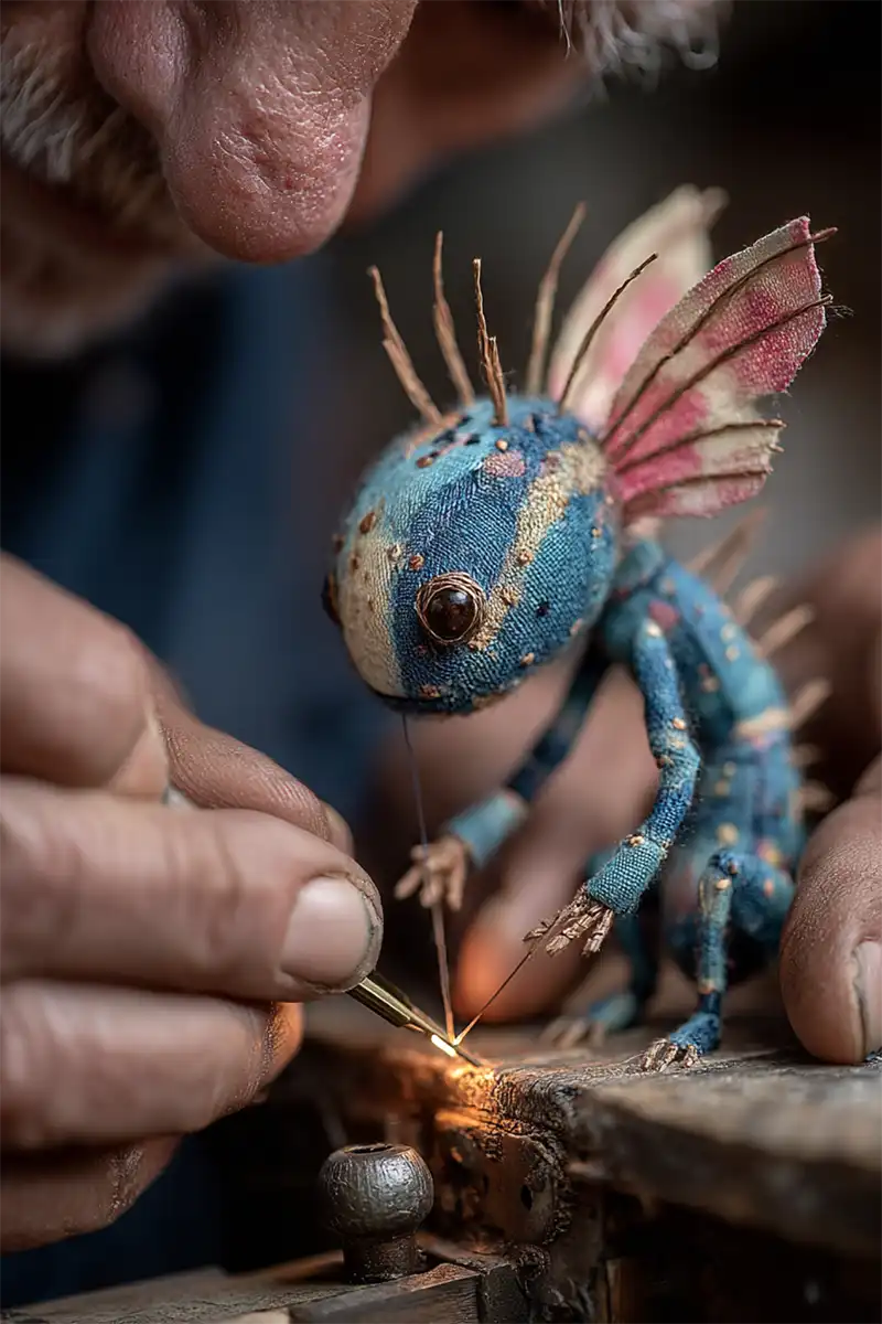A close-up of an elderly person carefully assembling a whimsical, blue fabric creature with wings, large eyes, and thin limbs using fine tools and delicate stitching—perfect inspiration for story ideas from images.