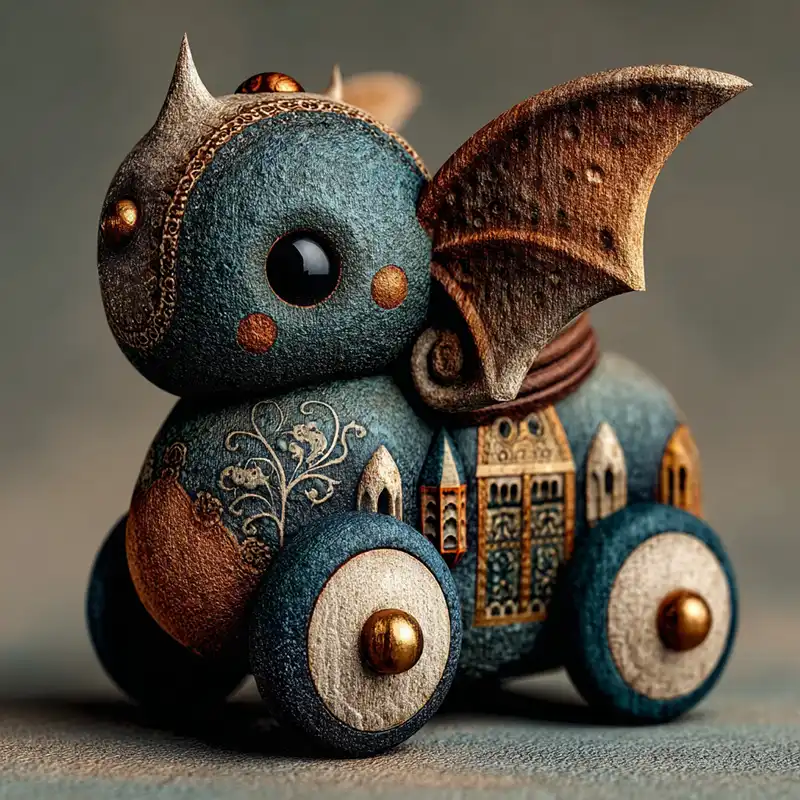 A whimsical, steampunk-inspired toy dragon with large black eyes, textured blue and gold body, small bronze wings, and decorative wheels inspires story ideas from images with its intricate patterns and metallic accents.