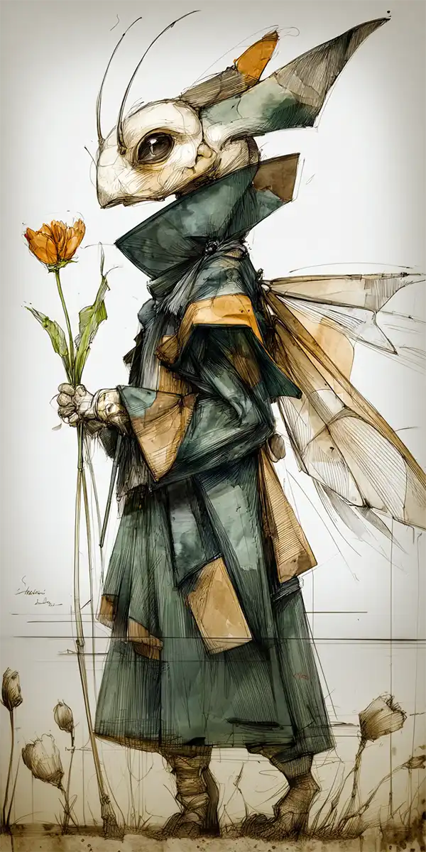 character inspiration story ideas A whimsical, humanoid insect character wearing a flowing, layered robe holds an orange flower. With delicate wings and large ears, it stands in a surreal, artistic setting—like a figure from foggy harbor story ideas come to life.