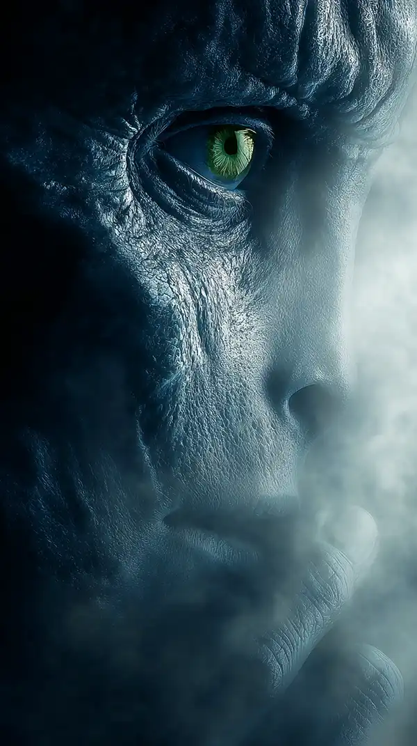 character inspiration story starter image A close-up of a mysterious, lizard-like face in partial shadow, with textured blue-gray skin, a prominent green eye, and visible lips, surrounded by mist—perfect inspiration for dark fantasy story ideas from images.