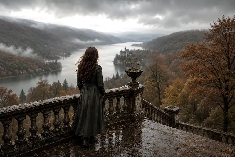 Story starter image A woman in a long dark dress stands on a wet stone terrace, gazing over a misty lake and distant castle—an evocative scene perfect for dark fantasy story ideas from images, set among autumn-colored trees under a cloudy sky.