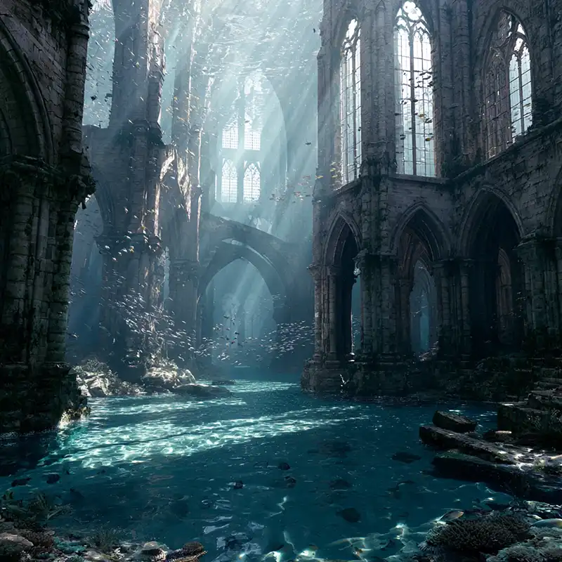 World building story starter Sunlight streams through tall, arched windows of a ruined, gothic cathedral submerged underwater, illuminating fish swimming amid ancient stone columns—a scene inspiring science fiction portal story ideas from image.