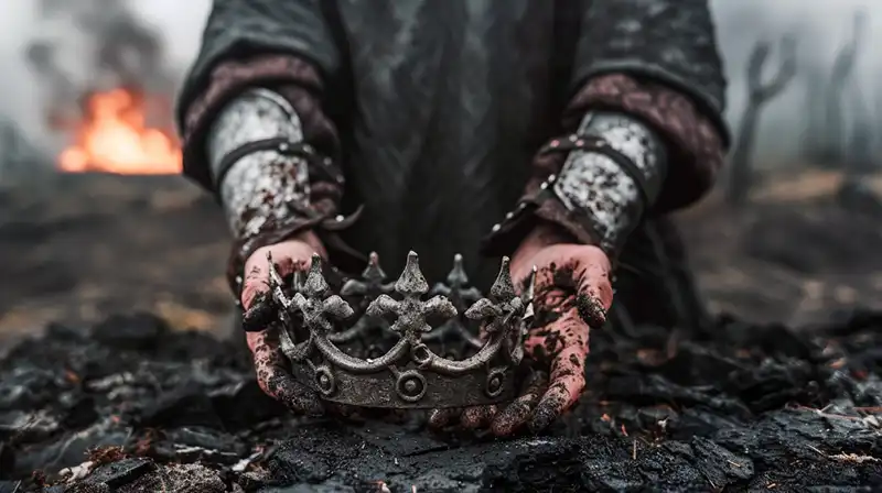 visual story starter picture A person in medieval armor holds a dirty, ornate crown with muddy hands over charred ground; blurry flames and barren trees loom in the smoky background, evoking a sunken cathedral—an ideal writing prompt inspiration.