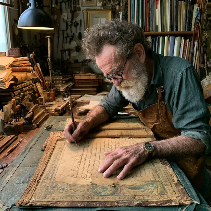 visual-story-starter-image-0508268 character inspiration story starter An elderly man with a beard and glasses writes carefully on an old, large manuscript at a cluttered wooden desk, inspired by dark fantasy story ideas from images, surrounded by books and vintage tools in a cozy, dimly lit workshop.