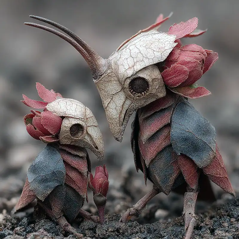 fantasy story starter picture Two fantasy creatures resembling birds, inspired by a fantasy insect traveler, stand on rocky ground. Crafted from dried leaves and twigs, one sports a long horn; both feature red and brown foliage details and round, dark eyes—a perfect visual story starter.