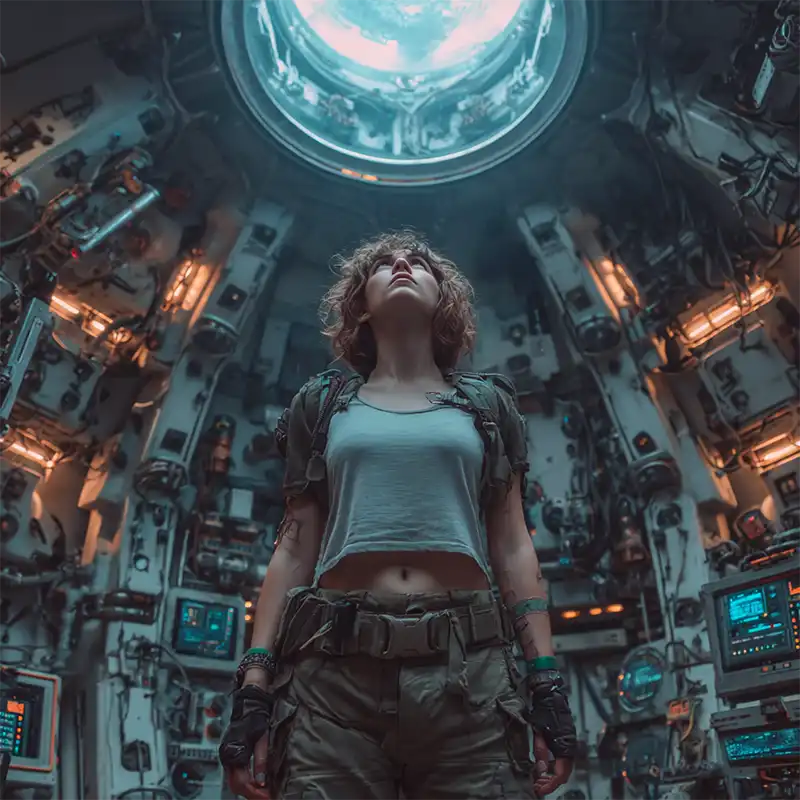 visual-story-starter-image-05084 character inspiration A woman in tactical gear stands in a high-tech, circular control room, illuminated by blue light from a large round window above, surrounded by monitors and machinery—like a futuristic guardian among garden creatures of technology.
